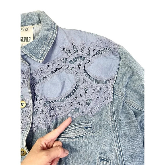 Vtg Denim Jacket Womens Medium Cropped Lace Boho Western 80s Rodeo Jean Boxy - Picture 5 of 15